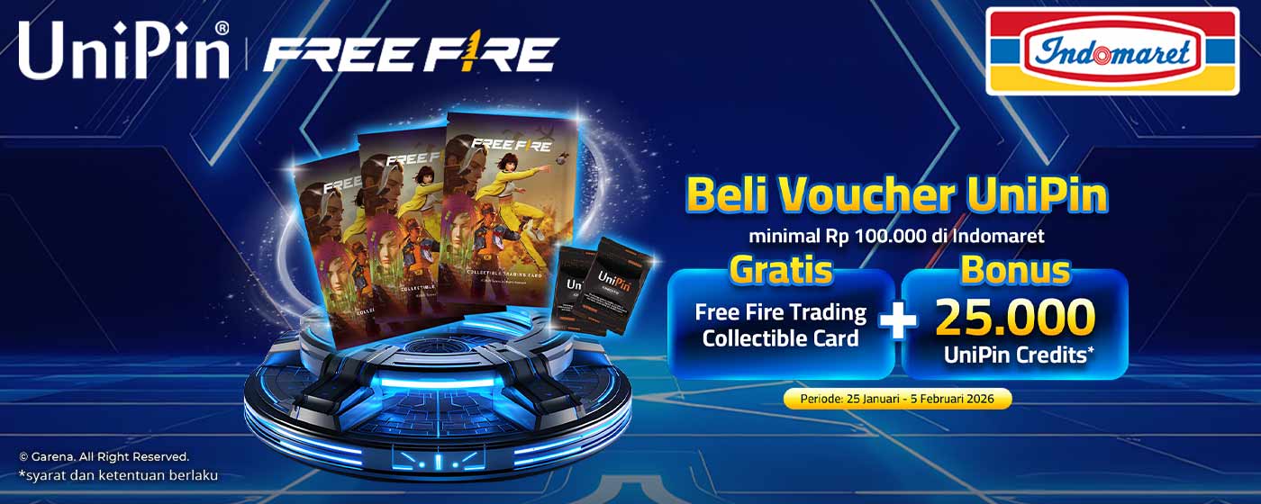 Beli Voucher UniPin di Indomaret, Dapat Gratis Free Fire Collectible Card + Bonus UniPin Credits!